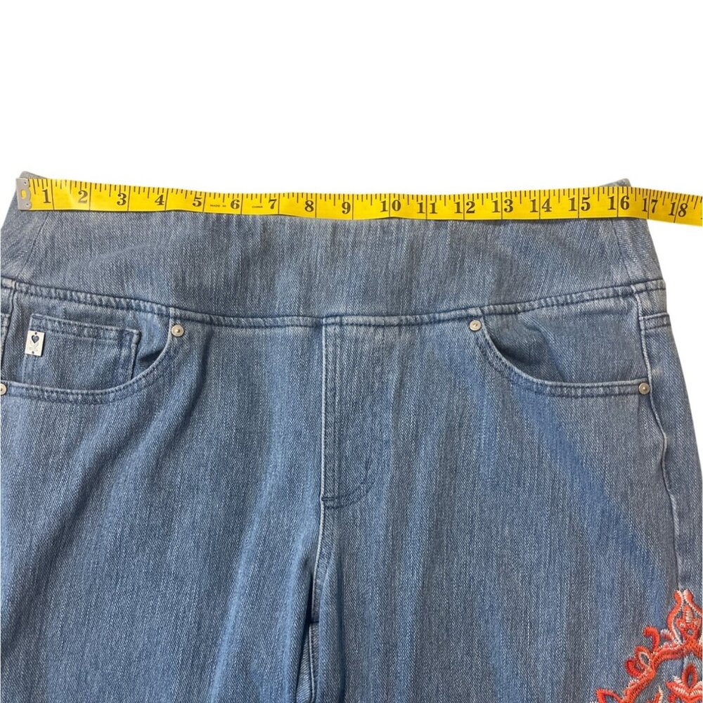 Belle Kim Gravel Medium Wash Denim Crop Jeans Orange Embroidery Size 16 - Picture 10 of 16